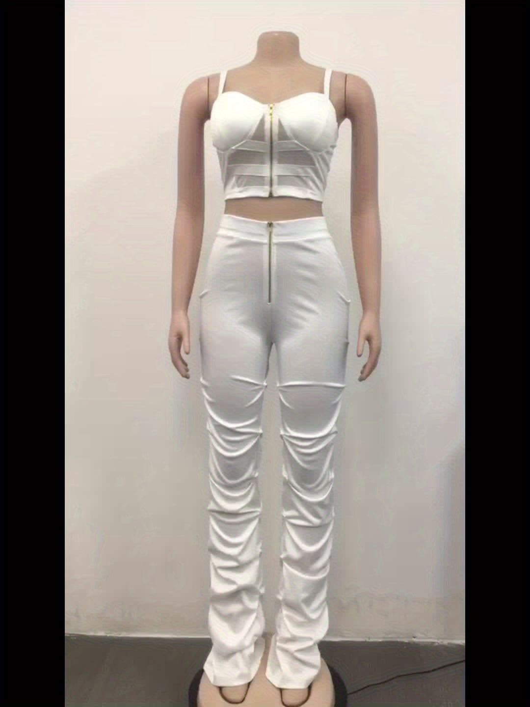 PORRCEY Sexy Solid Color Party Pantsuits, Zipper Front Slim Crop Cami Top & High Waist Ruched Pants Outfits, Women'S Clothing